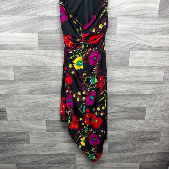 David Meister Halter Asymmetrical Dress Women's 10 Black Pink Floral Sleeveless - Picture 9 of 15